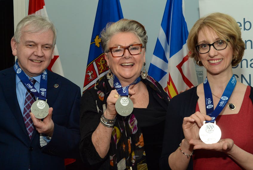 From left, Jim Maher, Mary Walsh and Kim Thistle-Murphy were three of 20 people to receive a Century of Change Award medal in Celebration of the CNIB’s 100th anniversary.