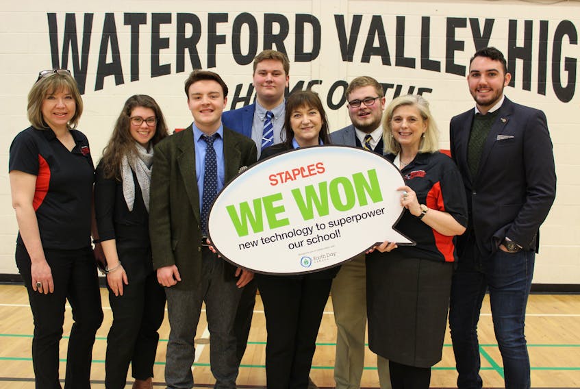 Waterford Valley High School in St. John’s was announced as one of 10 winners of the top prize of $20,000 in the Staples and Earth Day Canada National Superpower Your School contest. On hand for the celebration were (front, from left) principal Bridgett Ricketts; student council executive members Katherine Dibbon and Alan O’Brien; Janet Rumsey, Staples general manager, Stavanger Drive; and teachers Michelle Hounsell and Benjamin Pollard. In back, from left, are student council executive members Aidan Warren and Liam Warren.