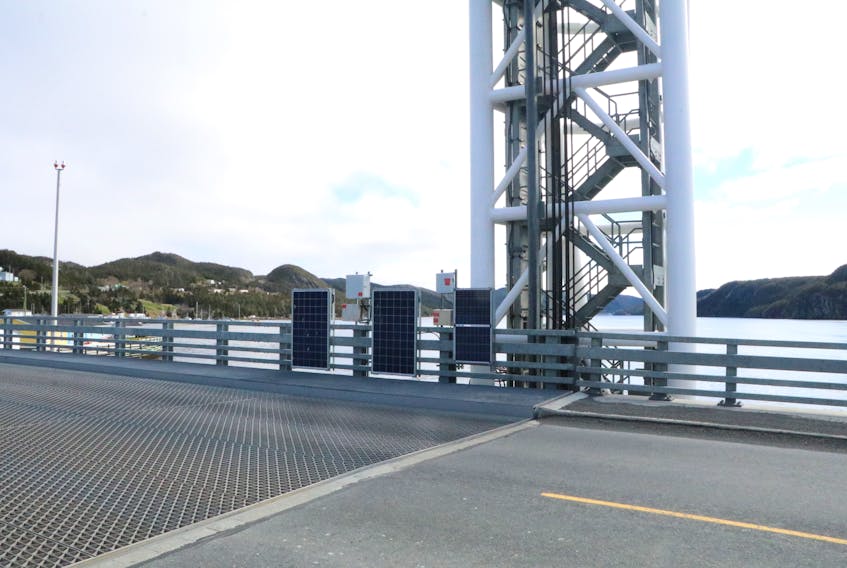A solar panel system was installed on the Placentia lift bridge to aid in its operation while awaiting new parts to replace a cable lift that malfunctioned in May.