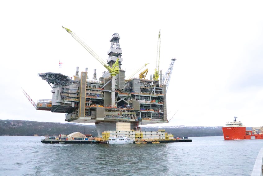 The Hebron platform in April 2017 prior to tow-out from the Bull Arm fabrication site.