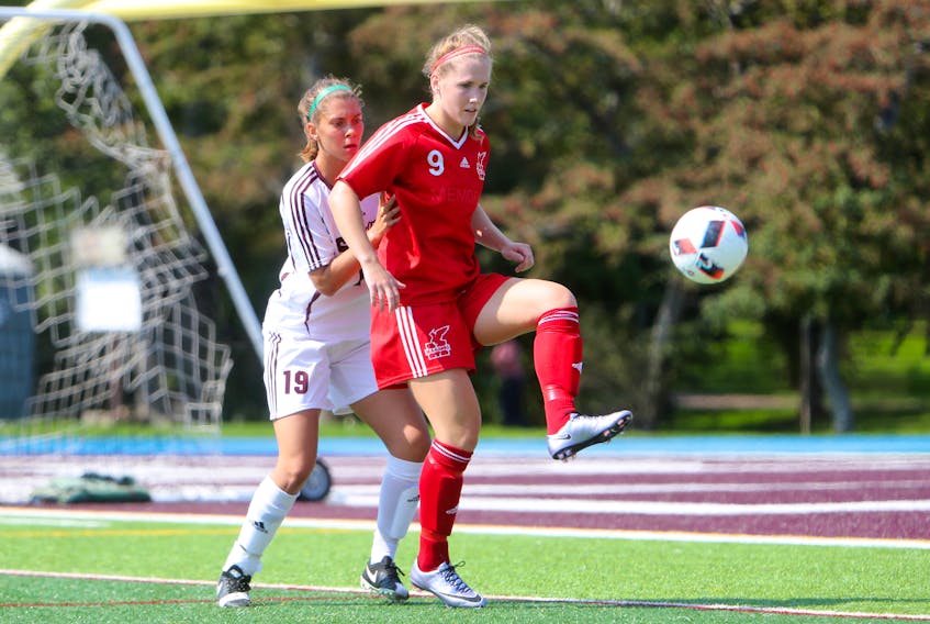 Jessie Noseworthy (9) shown playing for the Memorial Sea-Hawks against the Saint Mary’s Huskies in this file photo, is the 2017 St. John’s female athlete of the year, 12 months after finishing one vote short of taking the honour.