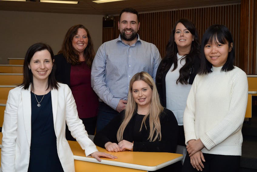 The six presenters at the Memorial University school of pharmacy’s third annual Snappy Synopsis Monday at the Health Sciences Centre were (from left) Jennifer Donnan, Erin Kelly, Matthew Lamont, Kathryn Dalton, Brittany Howell and Viet Tram Duong.