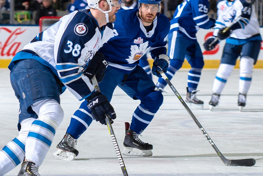 Toronto Marlies photo - Zach O’Brien (No. 23) dressed for the Toronto Marlies Wednesday against the Manitoba Moose in Toronto. It was O’Brien’s first AHL game this season.
