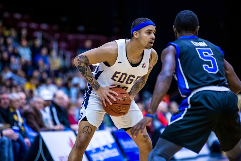 St. John's Edge photo/Jeff Parsons — Second-year guard Jarryn Skeete played his best game Tuesday night as a St. John’s Edge player, coach Steve Marcus said. The Edge beat the KW Titans 107-92 to take a 3-2 series lead in their Central Division final.