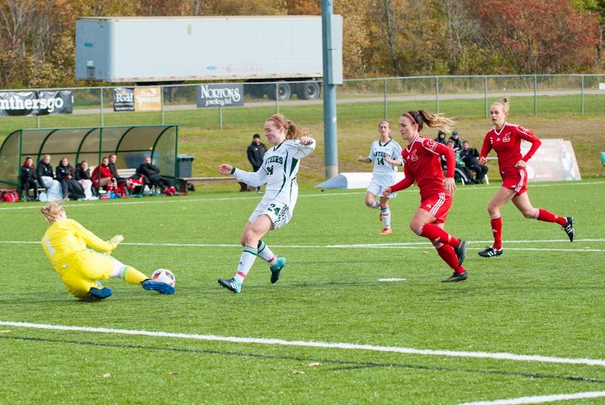 In this Oct. 21, 2017 file photo, Memorial Sea-Hawks goalkeeper Sydney Walsh makes a save on Sarah MacVarish (24) of the UPEI Panthers during an Atlantic University Sport (AUS) women’s soccer game in Charlottetown, P.E.I. Memorial won the game 5-0. It was one of nine consecutive shutouts posted by Walsh and the Sea-Hawks to end the regular season, helping Memorial secure a bye into today’s semifinal round at the AUS championship tourney in Antigonish, N.S.