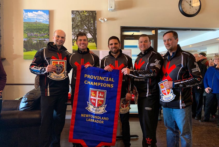 The Andrew Symonds team from the Remax Centre (St. John’s Curling Club) will represent the province at the 2019 Tim Hortons Brier March 2-10 in Brandon, Man. Members of the team are, from left, Andrew Symonds, Chris Ford, Adam Boland, Keith Jewer and coach Craig Jewer.