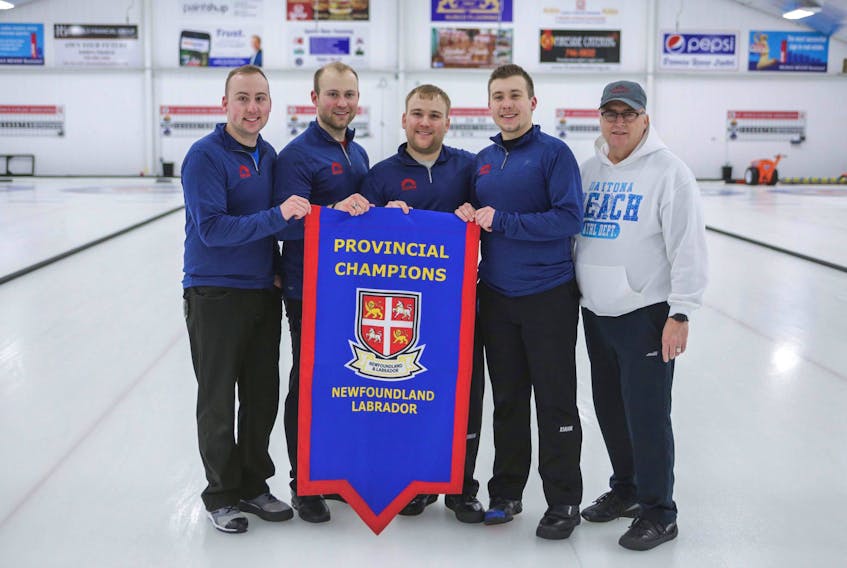 Greg Smith and his team from the Re/Max Centre in St. John's won the 2018 provincial Tankard men's curling championship Sunday. As a result, from left, Ian Withycombe, Andrew Taylor, Matthew Hunt, Greg Smith and coach Joe Murphy will represent Newfoundland and Labrador at the 2018 Tim Hortons Brier next month in Regina, Sask.