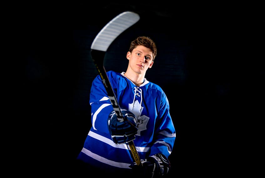 Nick Gosse had 36 points in 27 provincial major midget regular-season games for the St. John’s Maple Leafs in 2017-2018, then led all playoff scorers in the provincial league with 13 goals and 22 points in 11 games as he led the Maple Leafs to the championship. — St. John’s Maple Leafs photo/Jeff Parsons