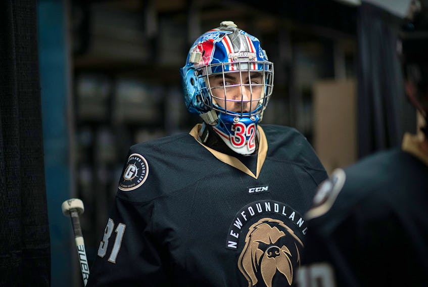 Newfoundland Growlers photo/Joe Chase - Mario Culina was still wearing his Kitchener Rangers junior mask when he joined the Newfoundland Growlers Oct. 17. Saturday night, Culina made 33 saves in his first pro start as the Growlers beat the Worcester Railers 5-2.
