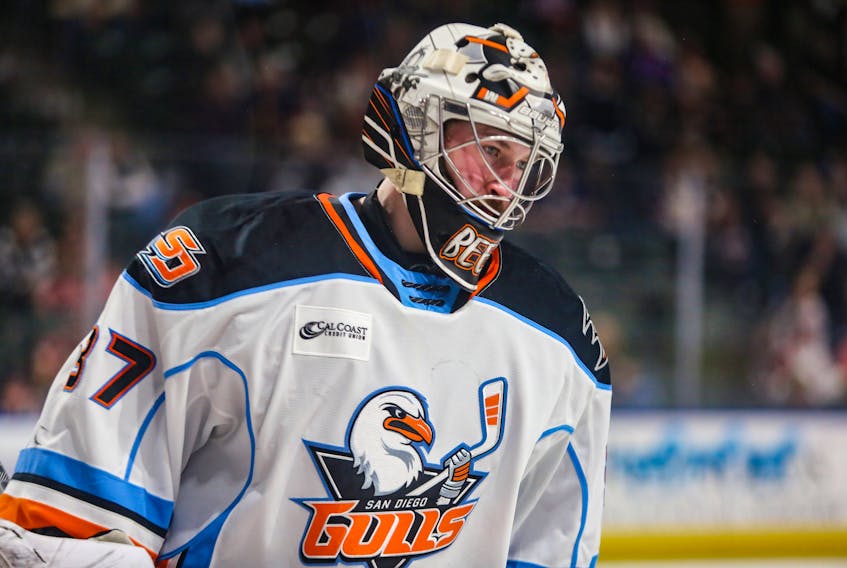 You can’t travel any further geographically in North American minor hockey than Angus Redmond, who is moving from the American Hockey League’s San Diego Gulls in the farthest southeastern corner of the continent to the ECHL’s Newfoundland Growlers in the northeastern quadrant. Redmond, shown here during an AHL game between the Gulls and Colorado Eagles in February of this year, was assigned to the Growlers on Monday on loan from the Anaheim Ducks, San Diego’s NHL parent club. — Colorado Eagles photo