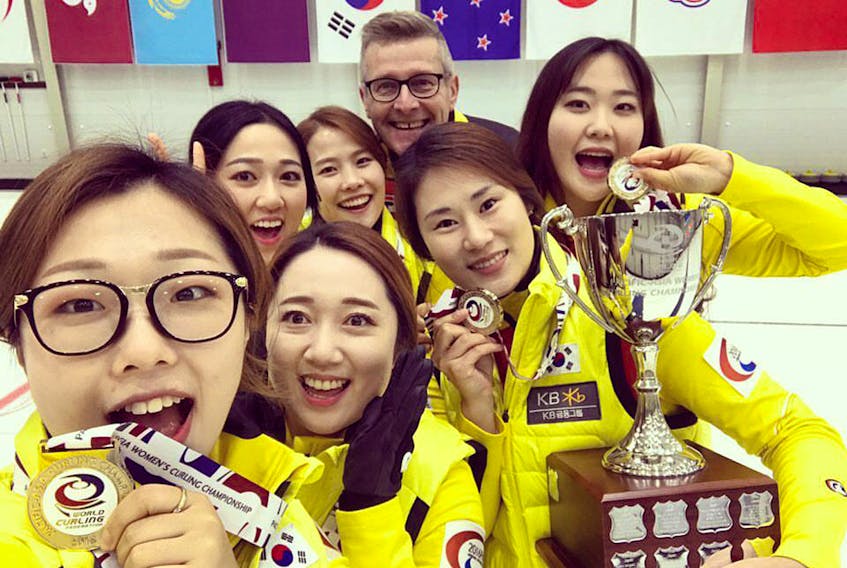 Facebook — Peter Gallant, rear, is head coach of South Korea’s women’s team that will compete in the 2018 Olympics.