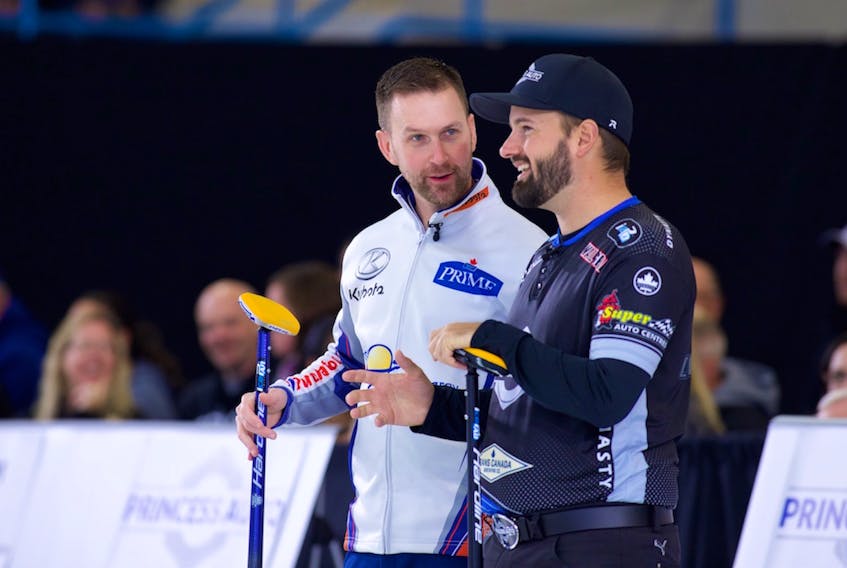 Winnipeg’s Reid Carruthers (right) won the last Canada Cup, held in 2016, defeating Team Gushue in the final. But injuries meant skip Brad Gushue (left) wasn’t with his team for that event. Both Gushue and Carruthers are on the ice for this year’s Canada Cup, beginning today in Estevan, Sask. — Grand Slam of Curling file photo/Anil Mungal