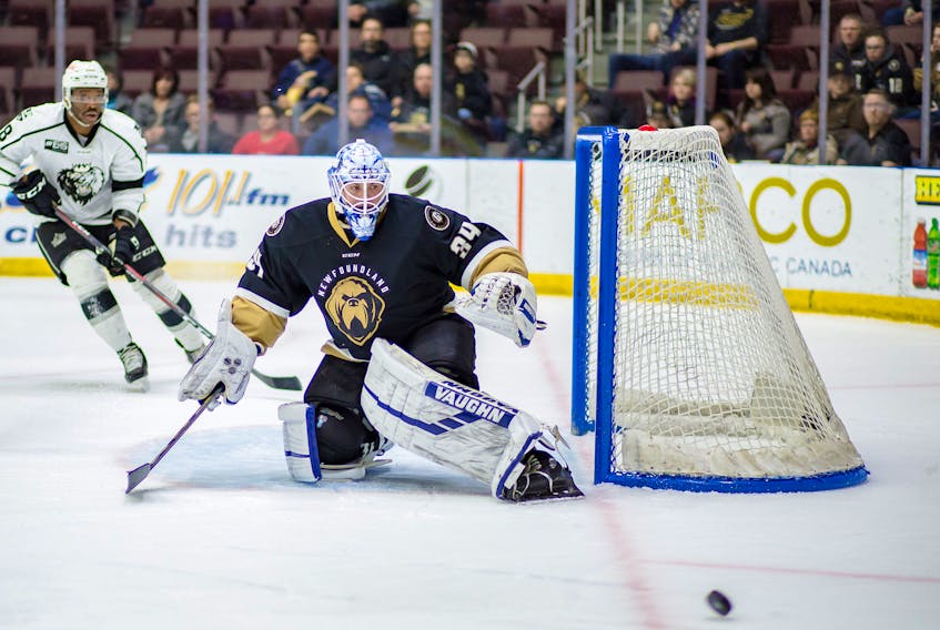 Newfoundland Growlers photo/Jeff Parsons — All games so far in the second-round North Division final series in the Kelly Cup playoffs have been close affairs, but that part of the job, says Newfoundland Growlers goaltender Michael Garteig, who has a 2.54 goals against average and .917 save percentage through the post-season.