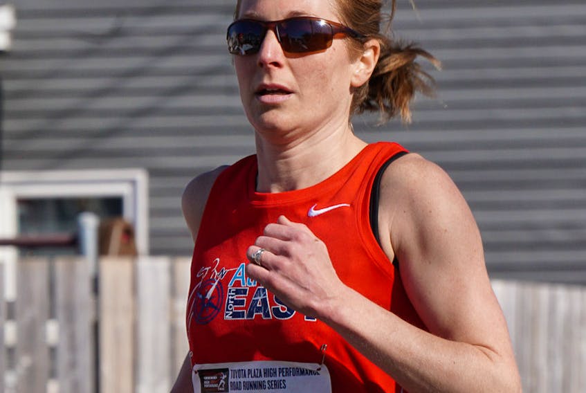 Anne Johnston had a podium finish at Sunday’s Toronto Marathon, running to second place in the female division. — Larry Penney photo/file