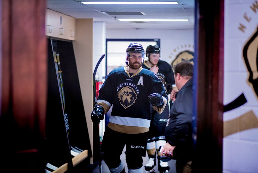 Zach O’Brien, who has been on fire in these 2019 ECHL playoffs, had his game face on prior to Monday’s Game 6 of the Growlers-Manchester Monarchs North Division final series at Mile One Centre. O’Brien responded with a three-goal night.