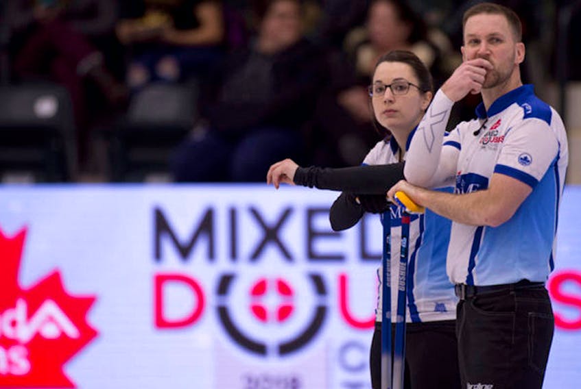 Curling Canada photo/Michael Burns — Brad Gushue (right) and Val Sweeting had won eight straight games heading into Sunday’s final of the Canadian Olympic mixed doubles curling trials in Portage la Prairie, Man., but couldn’t come away with the victory that would have sent them to the 2018 Winter Games in South Korea as they lost 8-6 to Kaitlyn Lawes and John Morris.