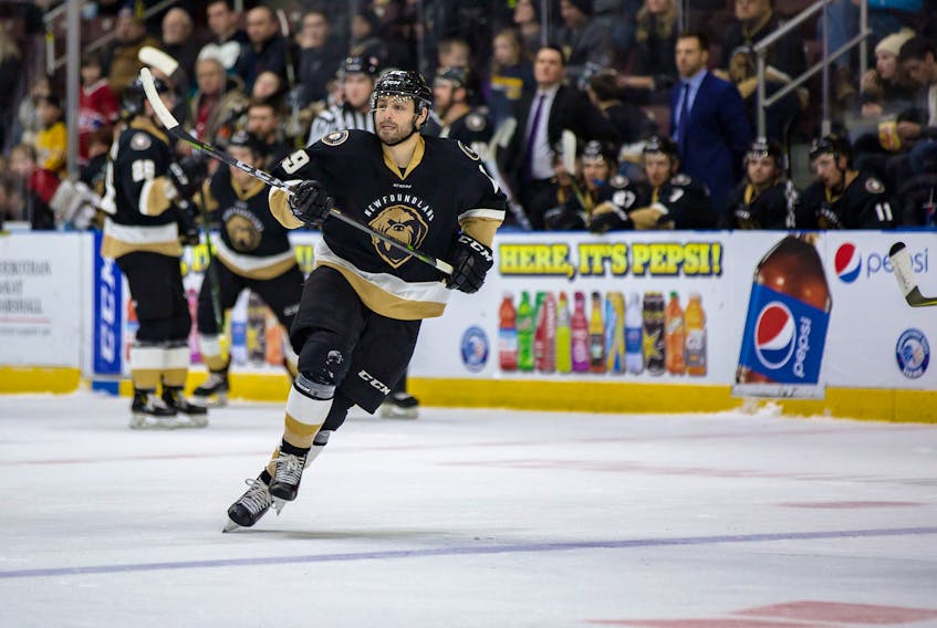 Giorgio Estephan, who has been selected to participate in the ECHL’s all-star game later this month, shares the Newfoundland Growlers’ scoring lead with 29 points on 13 goals and 16 assists. He’s one of seven Growlers, including six rookies, with more than 20 points, heading into games tonight and Wednesday against the Maine Mariners at Mile One Centre. — Newfoundland Growlers photo/Jeff Parsons