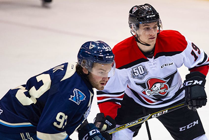 Drummondville Voltigeurs centre and Bay Roberts native Dawson Mercer (right) is getting increasing attention from those who rank prospects for the 2020 NHL Entry Draft. — Drummondville Voltigeurs photo