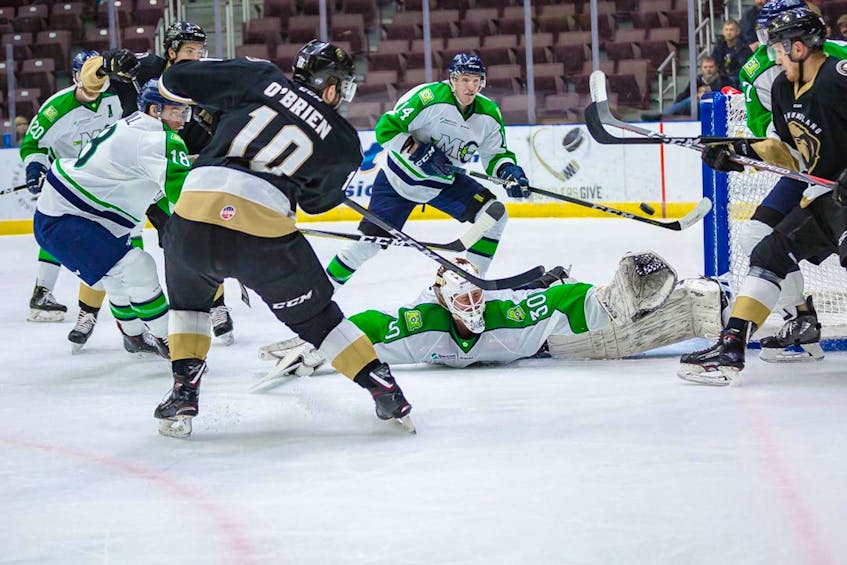 Newfoundland Growlers forward Zach O’Brien (10) scored two goals on netminder Hannu Toivonen (30) and the Maine Mariners in a 5-4 ECHL win at Mile One Centre Wednesday night.