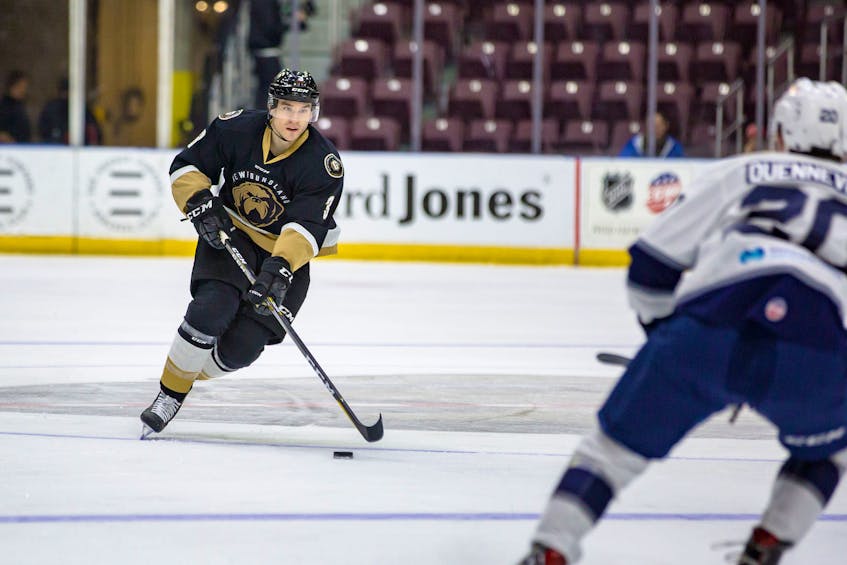 Defenceman Kyle Cumiskey, shown playing with the Newfoundland Growlers in a November ECHL game at Mile One Centre, is no longer with Newfoundland and isn’t part of the Toronto Maple Leafs’ organization, but is still officially playoff eligible for the Growlers.