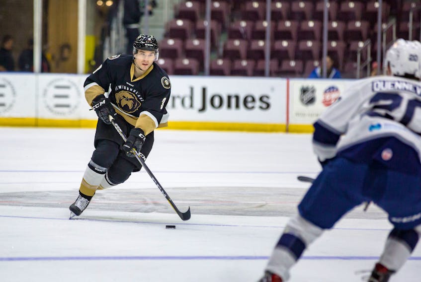 Defenceman Kyle Cumiskey, shown playing with the Newfoundland Growlers in a November ECHL game at Mile One Centre, is no longer with Newfoundland and isn’t part of the Toronto Maple Leafs’ organization, but is still officially playoff eligible for the Growlers.