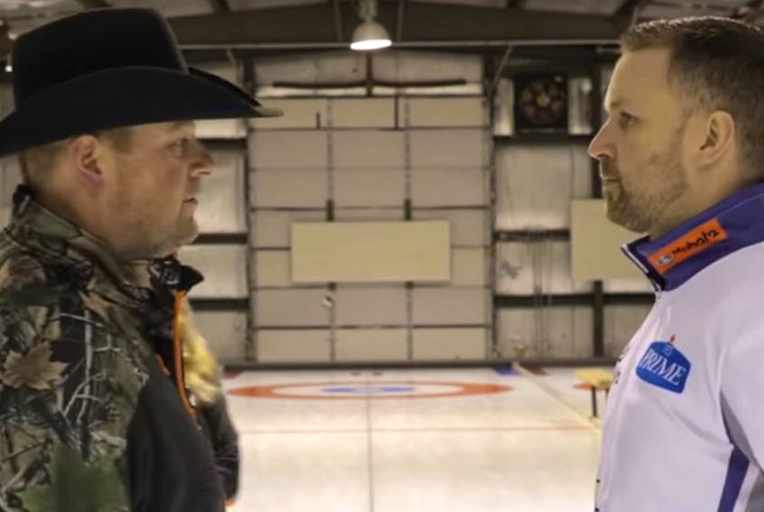 Gord Bamford (left) and Brad Gushue squared off in a curling game in Bashaw, Alta., where Bamford lives, and it was all captured on video. - kubota.ca