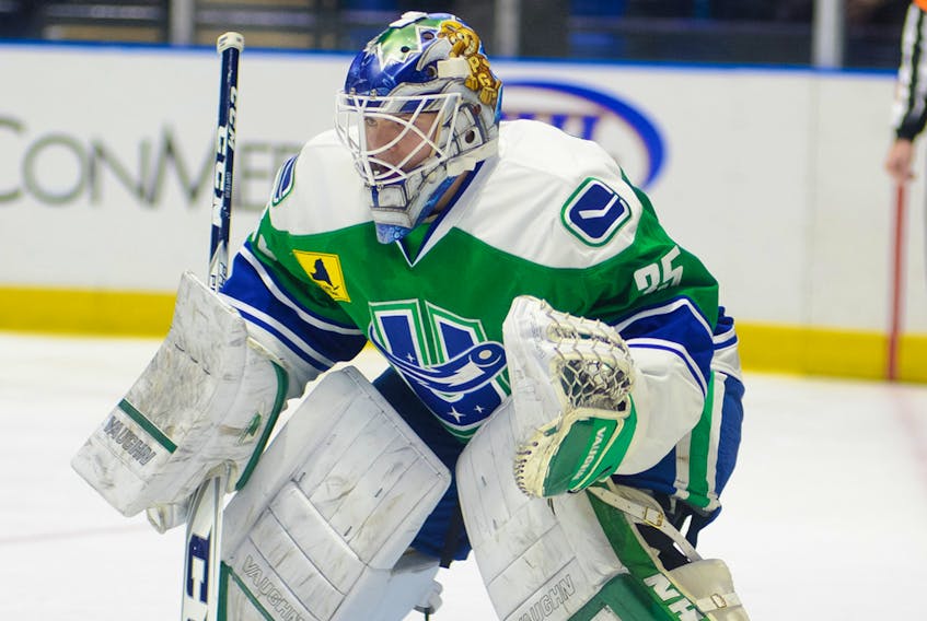 Goaltender Michael Garteig, who has signed with the Newfoundland Growlers, played for the AHL's Utica Comets in 2016-17, but spent most of his first two pro seasons in the ECHL. — Utica Comets photo
