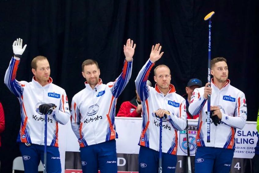 Brad Gushue (second from left) and his team of Geoff Walker (left), Mark Nichols and Brett Gallant (right) nearly said goodbye to Truro, N.S., on a winning note, but wound up with a second straight second-place finish in a Grand Slam of Curling event. — Anil Mungal/Grand Slam of Curling