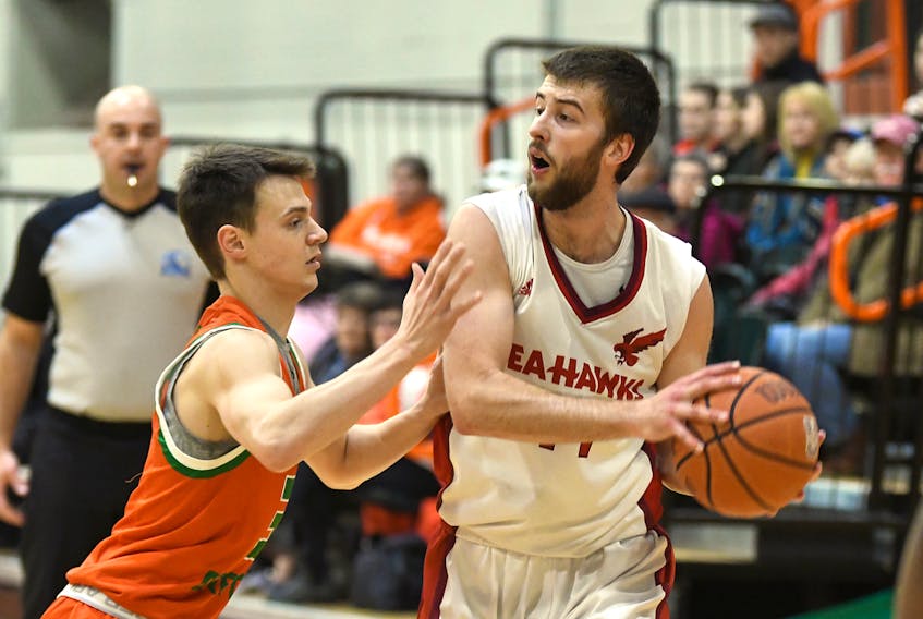 Nathan Barker (right) was consistent for the Memorial Sea-Hawks on the weekend in Sydney, N.S., scoring 19 points in each game as the Sea-Hawks came away with a split of two games against the Cape Breton Capers. — Cape Breton Athletics photo/Vaughan Merchant