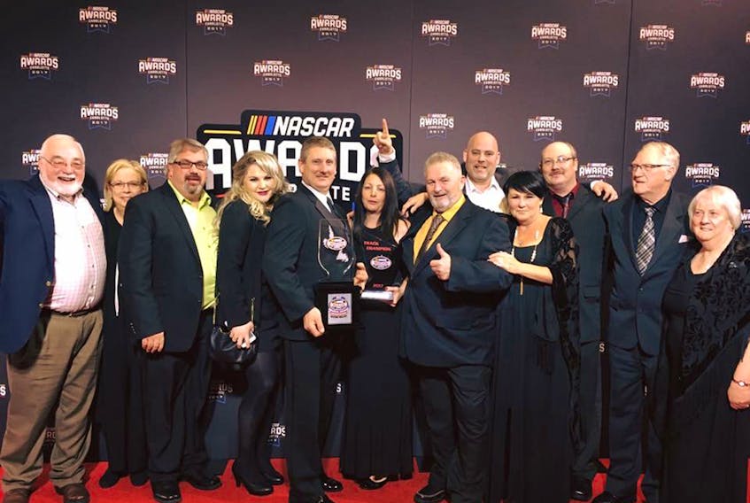 Submitted photo — The owners and management of Eastbound International Speedway and Concert Park in Avondale, along with Conception Bay South’s Wayne Walsh (fifth from left, holding trophy), whose 99 team won the 2017 NASCAR Home Tracks Whelen All American Series Division I championship at Eastbound, were honoured Friday night in Charlotte, N.C., during the NASCAR Home Tracks Awards. The ceremony at the NASCAR Hall of Fame highlighted 2017 Whelen champion drivers from across North America along with the tracks hosting the championship series.