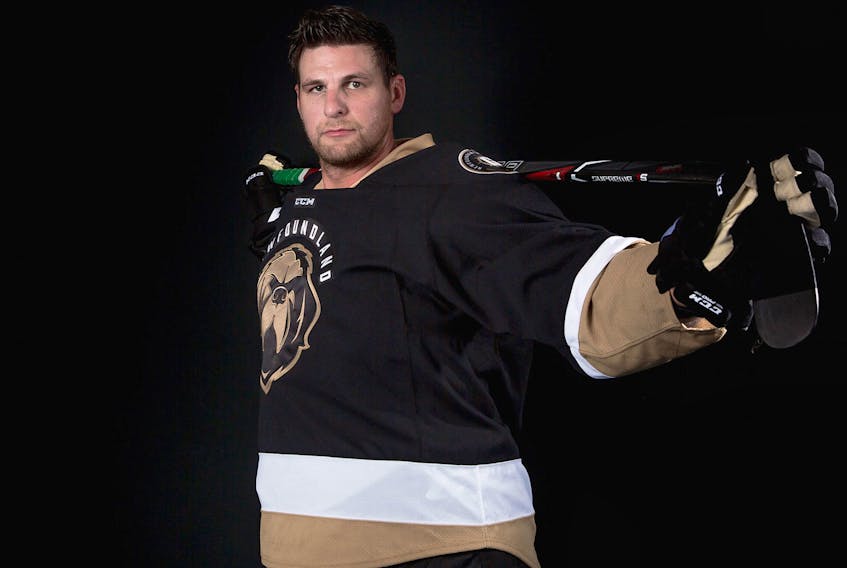 Adam Pardy wore a Newfoundland Growlers jersey for a pre-season studio photo shoot, but the former NHL defenceman hasn’t yet worn it in a game for the ECHL club. That could change tonight as the Growlers take on the Maine Mariners at Mile One Centre. — Newfoundland Growlers photo/Jeff Parsons