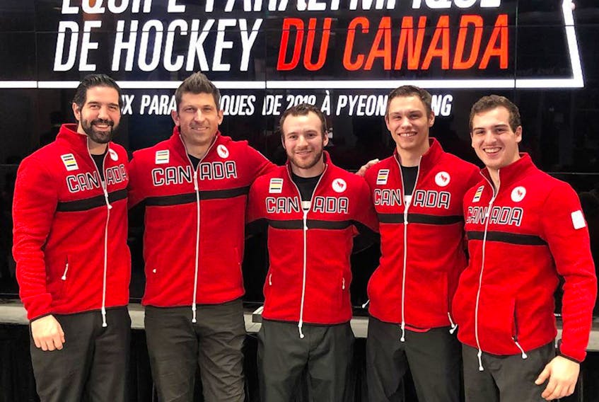Liam Hickey of St. John’s poses with other members of Canada’s men’s para ice hockey team after the 17-man roster was introduced Sunday in Toronto. From left, team captain Greg Westlake, Bryan Sholomicki, Tyler McGregor, Hickey and Dominc Cozzolino. The team will compete in the Paralympic Games in PyeongChang, South Korea, March 9-18. — Instagram/ liam_hickey98