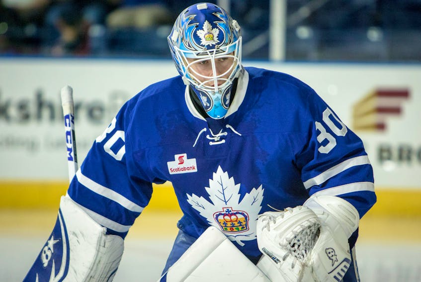 In this Oct. 15, 2017 file photo, Toronto Marlies’ goaltender Kasimir Kaskisuo is shown in an American Hockey League game against the Springfield Thunderbirds in Springfield, Mass. Kaskisuo was assigned to Orlando of the ECHL for a couple of games last season and while in the ECHL, earned about US$,2,700 per week under terms of his entry-level contract with the Toronto Maple Leafs. However, under ECHL rules, Orlando was only charged $525 per week against the league salary cap for Kaskisuo. That rule should prove important for the Newfoundland Growlers as the new ECHL team begins an affiliation with the Maple Leafs, one that will be officially announced this week. — Springfield Falcons photo/Danny Baxter