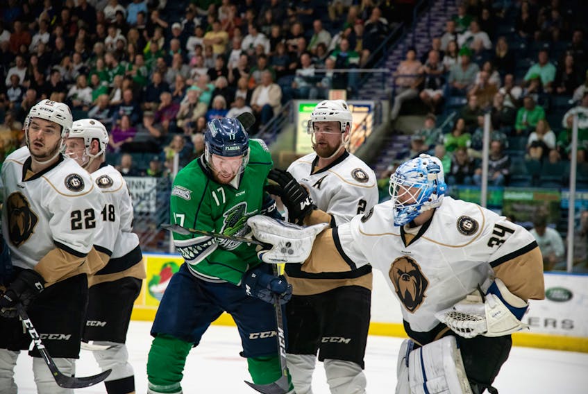 Newfoundland Growlers’ netminder Michael Garteig (34) spent last weekend in Estero, Fla., frustrating Justin Auger (17) and the rest of the Florida Everblades. Garteig will look to do the same this week as the Growlers-Everblades Eastern Conference final moves to Mile One Centre. — Florida Everblades photo