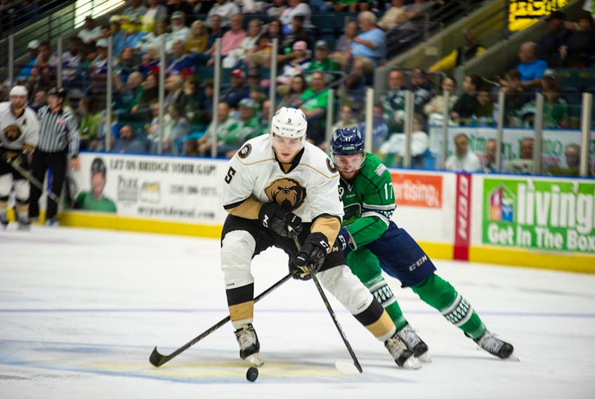 Newfoundland Growlers defenceman Kristians Rubins (5) fends off the Florida Everblades’ Justin Auger (17) during ECHL Kelly Cup playoff action in Estero, Fla., over the weekend. Rubins is one of three players who joined the Growlers during the playoffs after reassignment from the AHL’s Toronto Marlies. Other than that, Newfoundland has pretty much retained a consistent lineup in getting to the best-of-seven Eastern Conference final, which sees them leading the Everblades 2-0 heading into Game 3 Wednesday night at Mile One Centre. — Florida Everblades photo