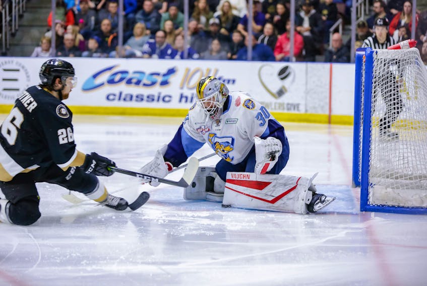 In this May 25, 2019 file photo, the Newfoundland Growlers’ Josh Kestner gets away a shot on Toledo Walleye netminder Pat Nagle for what would turn out to be a goal during Game 1 of the ECHL’s Kelly Cup final at Mile One Centre. Kestner and Nagle are set to return to the Mile One ice tonight, but this time as Toledo teammates as the Walleye and defending ECHL champion Growlers meet in the first of back-to-back meetings. — Newfoundland Growlers photo/Jeff Parsons