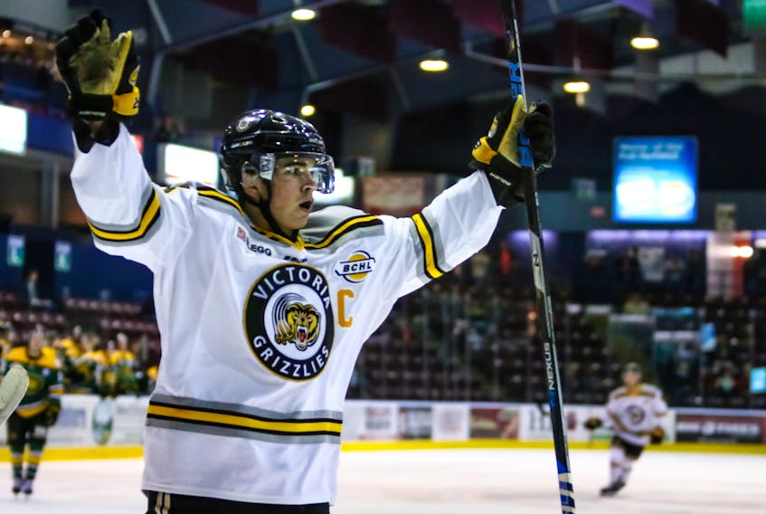 Entering Tuesday, Alex Newhook was leading the British Columbia Hockey League scoring race, seven points ahead of the next-highest scorer, who has played three more games than Newhook and who is two-and-a-half years older than the St. John’s native. — Victoria Grizzlies photo/Kyle Robinson
