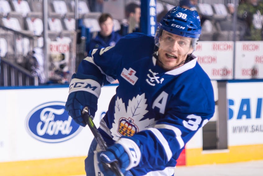 Colin Greening has three goals, and assist and a plus-five rating in nine playoff games this spring with the Toronto Marlies. — Toronto Marlies photo
