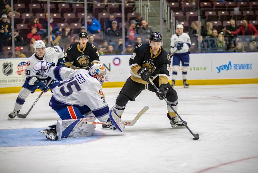 Newfoundland Growlers photo/Geoff Hynes - Brady Ferguson registered a goal and two assists against the Worcester Railers and their goaltender Mitch Gillam in a game Nov. 7 at Mile One Centre. Prior to a callup to the American Hockey League’s Toronto Marlies Thursday, Ferguson was tied for the ECHL scoring lead.