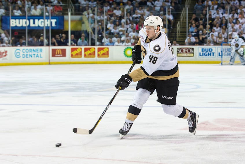After being brought in on loan from the SPHL’s Birmingham Bulls, defenceman Garrett Johnson had two goals and 17 assists in 39 games with the Newfoundland Growlers, and then suited up in all 23 games on the Growlers’ run to the ECHL championship — Newfoundland Growlers photo/Jeff Parsons
