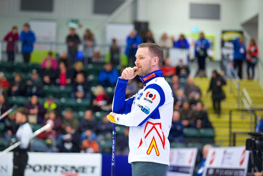Grand Slam of Curling/Anil Mungal - The look on Brad Gushue’s face says it all during his quarter-final game against Scotland’s Bruce Mouat Saturday at the C.B.S. Arena. Gushue dropped a 7-5 decision to Mouat and was eliminated from contention at the Boost National, a Grand Slam of Curling event.