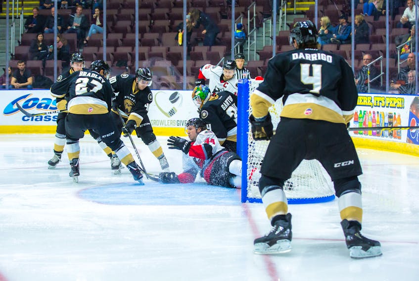 Newfoundland Growlers photo/Jeff Parsons - Conor Riley of the Adirondack Thunder finds himself tangled up in the Newfoundland Growlers’ net, behind goalie Michael Garteig in ECHL play at Mile One Centre. Surrounding Riley are Growlers players, from left, Evan Neugold, Matt Bradley and Ryan Moore, and teammate and Adirondack captain James Henry.