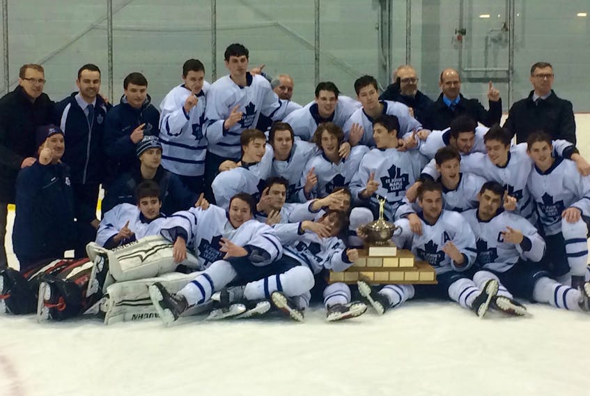 The St. John’s Maple Leafs celebrate after beating the Western Kings 4-3 in overtime Sunday at the Glacier in Mount Pearl. The win gave the Maple Leafs a 4-1 win in the best-of-seven provincial major midget hockey final.