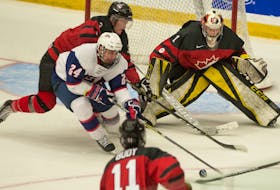 SaltWire Network/Mark Goudge/Truro Daily News — Zach Rose (1) had a 1.58 goals-against average and .942 save percentage at the World Junior A Challenge in Truro, N.S., a stats line that was bolstered by his 35-save performance in Canada West’s 5-1 win over the United States in the gold-medal game.
