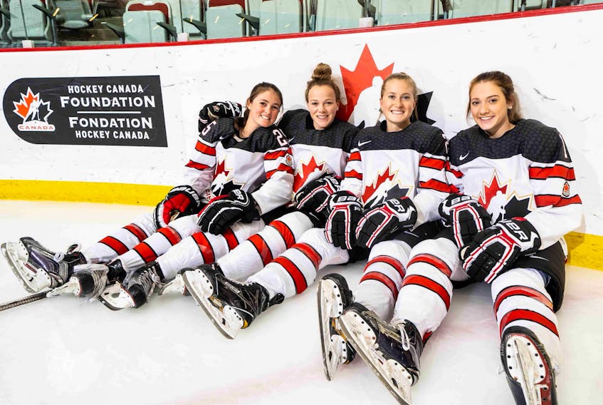 Maggie Connors of St. John’s, right, shown here with teammates (from left) Jaycee Gebhard, Sarah Fillier and Alexa Vasko, enjoyed her time in Calgary with the national women’s development team. Connors leaves for New Jersey next week where she will begin her U.S. collegiate career at Princeton University.