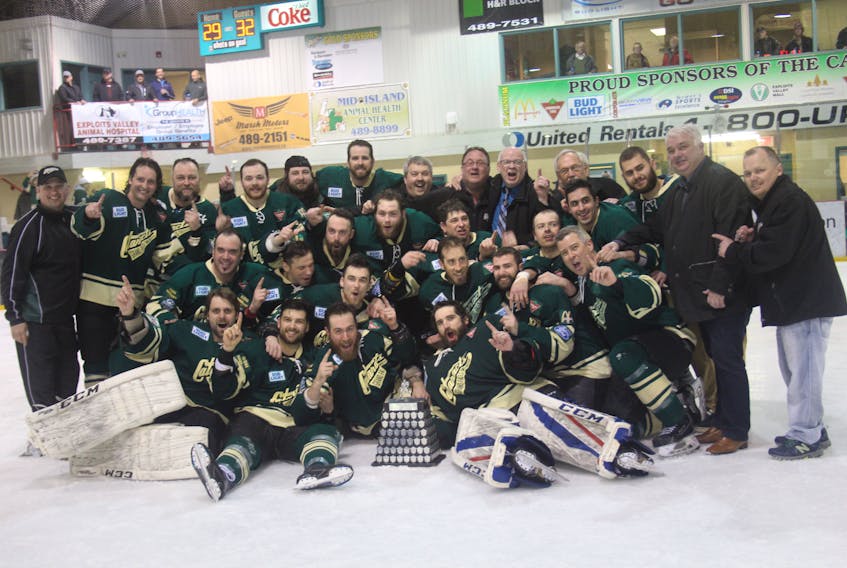 Members of the Grand Falls-Windsor Cataracts pose with the Herder Memorial Trophy after winning the 2019 provincial senior hockey championship in Grand Falls-Windsor. An impasse over interlocking games between teams in the central and eastern parts of the province has put the Herder championship and the existence of the Cataracts and Gander Flyers in jeopardy, says Gary Gale, the head of Hockey Newfoundland and Labrador’s Senior Council. — SaltWire NetWork file photo/Adam Randell