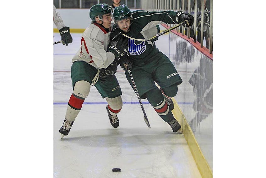 Jordan Maher of Gander, right, will be an overage player on the Halifax Mooseheads this season. Maher has 291 QMJHL games to his credit.