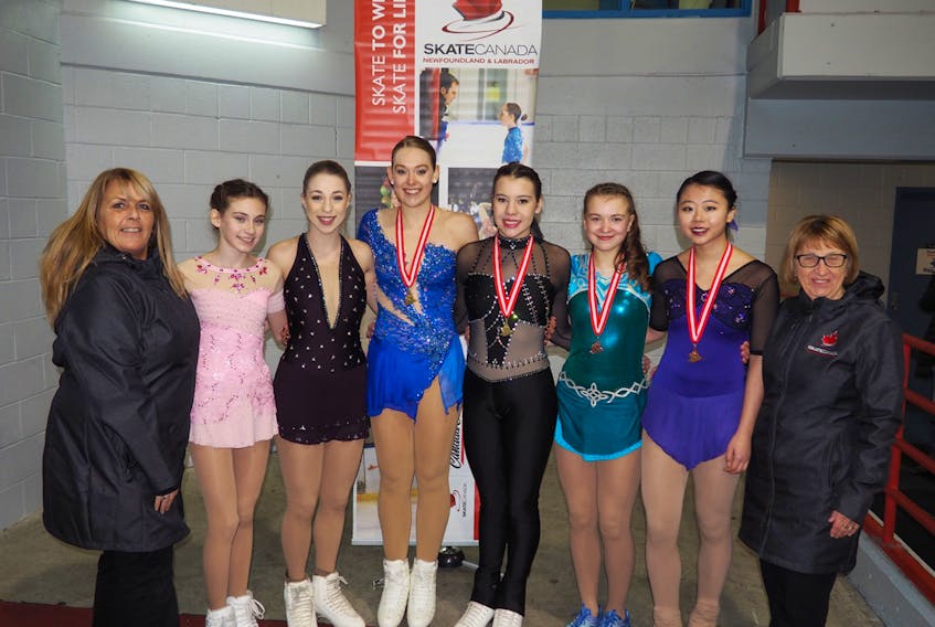 Skate Canada NL — Newfoundland and Labrador’s team for the upcoming 2018 Skate Canada Challenge includes (from left): Susan Dean (team manager), Rebecca Bennett, Ashley Morgan, Jenna Efford, Caylie Rose Blake, Elin Maskova, Hannah Robertson and Betty Brett (team manager)