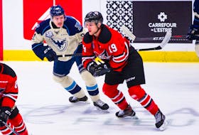 Bay Roberts native Dawson Mercer (19), shown in a recent game against the Sherbrooke Phoenix, is having a solid season with the QMJHL’s Drummondville Voltigeurs, with 49 points in 43 games.