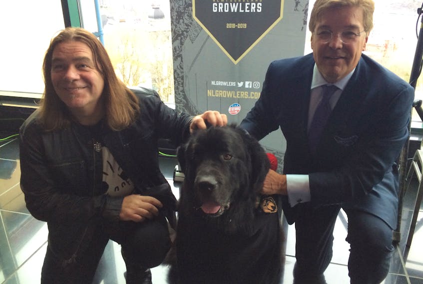 Newfoundland Growlers owner Dean MacDonald (right) and team ambassador Alan Doyle pose with nine-year-old Newfoundland dog Gabe, whose breed provided the inspiration for the ECHL team’s logo, which was unveiled Tuesday at The Rooms in St. John’s.